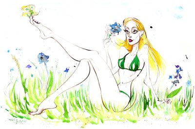 Signs of the Zodiac: Virgo meadow maiden from a series of fashion caricatures by Neale Osborne
